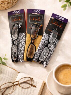 Wink Reading Glasses +3.00 Set of 3 Readers w Case Gift Bundle